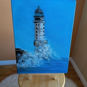Coastal Lighthouse Canvas Art in Blue and White original painting acrylic